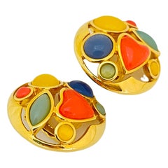 Vintage TRIFARI gold fruit salad heart resin clip on designer earrings