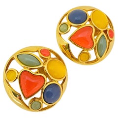 Vintage TRIFARI gold fruit salad heart resin clip on designer earrings