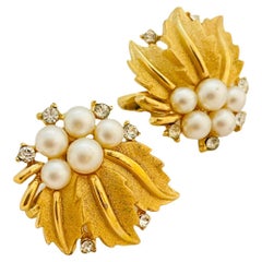 Vintage TRIFARI gold leaf pearl rhinestone earrings