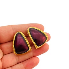 Vintage TRIFARI gold purple enamel designer runway pierced earrings