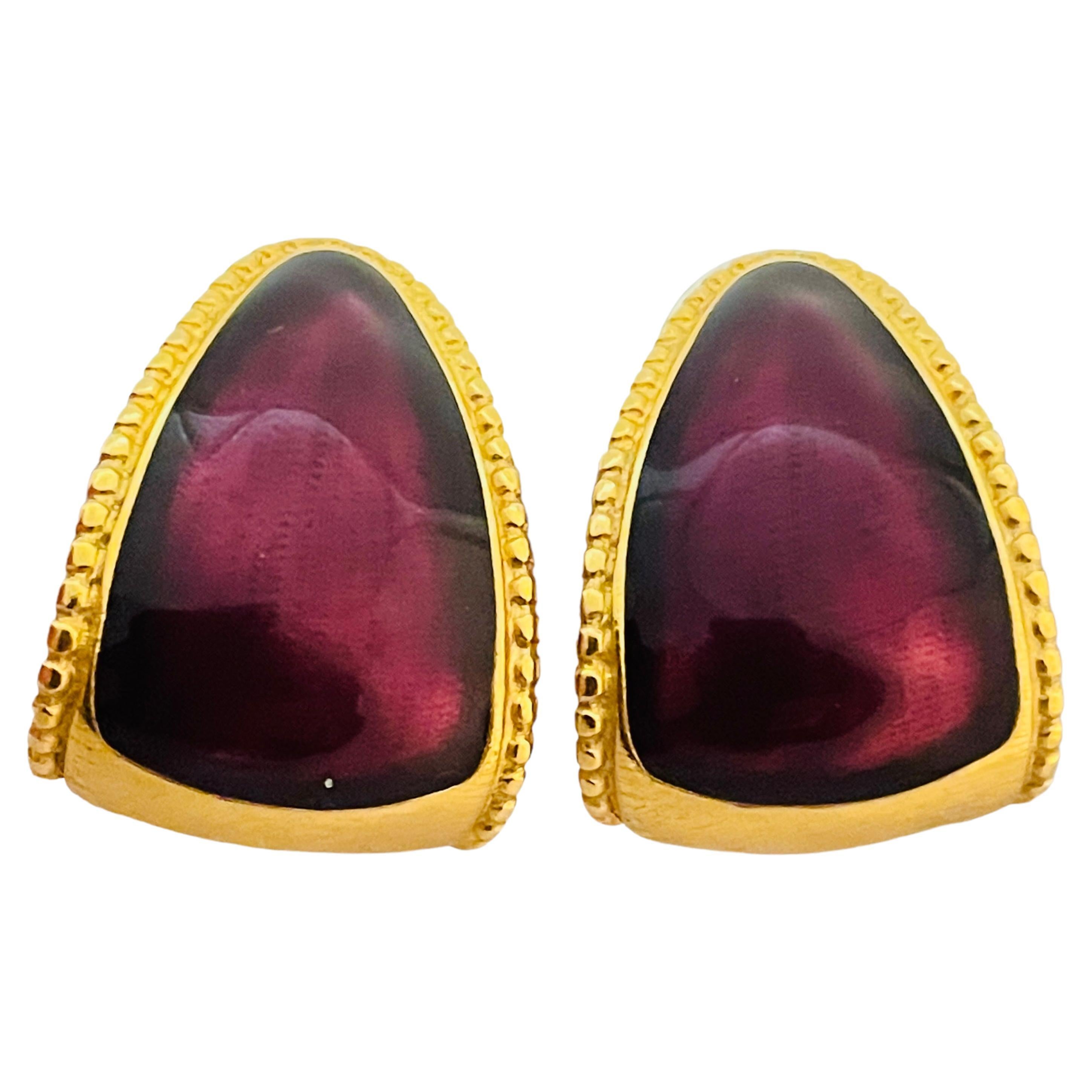 Vintage TRIFARI gold purple enamel designer runway pierced earrings For Sale
