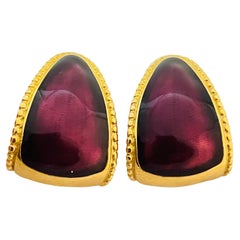 Vintage TRIFARI gold purple enamel designer runway pierced earrings