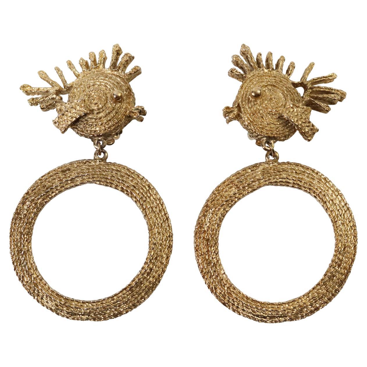 Vintage Trifari Gold Tone Dangling Fish Hoop Earrings, circa 1980s