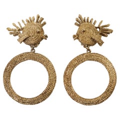 Vintage Trifari Gold Tone Dangling Fish Hoop Earrings, circa 1980s
