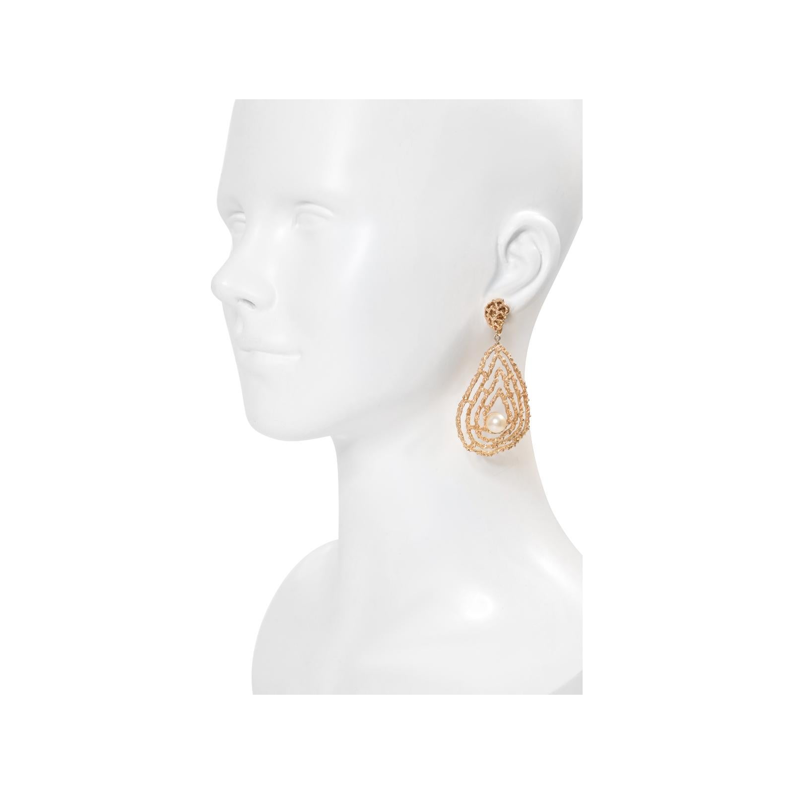 Modern Vintage Trifari Gold Tone With Faux Pearl Earrings Circa 1980s For Sale