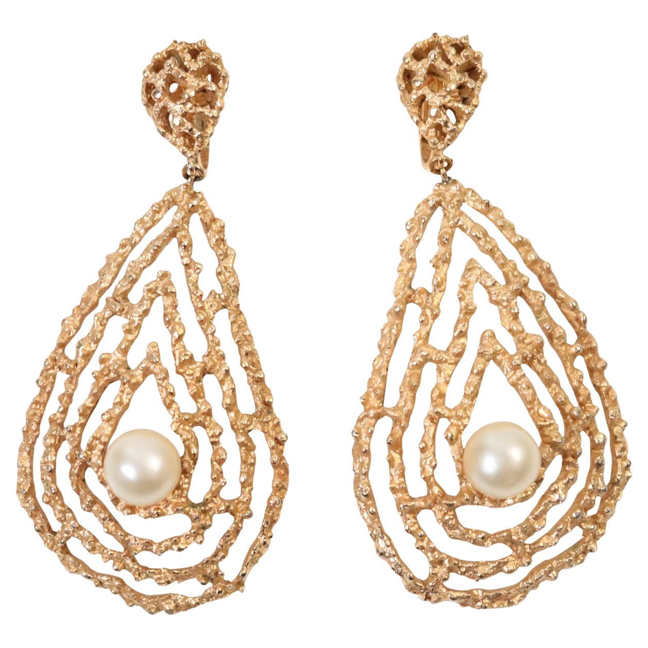 Vintage Trifari Gold Tone With Faux Pearl Earrings Circa 1980s For Sale
