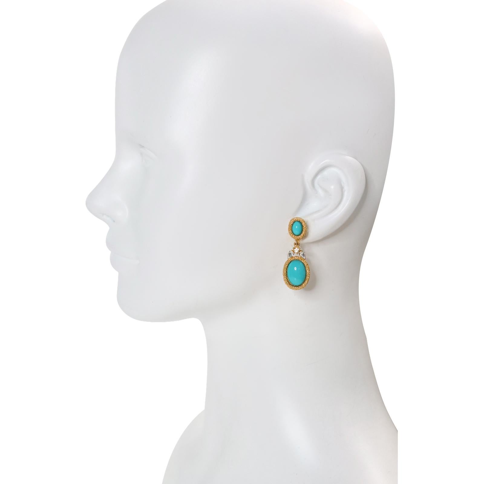 Vintage Trifari Gold Tone with Faux Turquoise Earrings Circa 1980s In Good Condition For Sale In New York, NY