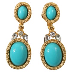 Boucles d'oreilles vintage Trifari ton or avec fausse turquoise Circa Vintage 1980