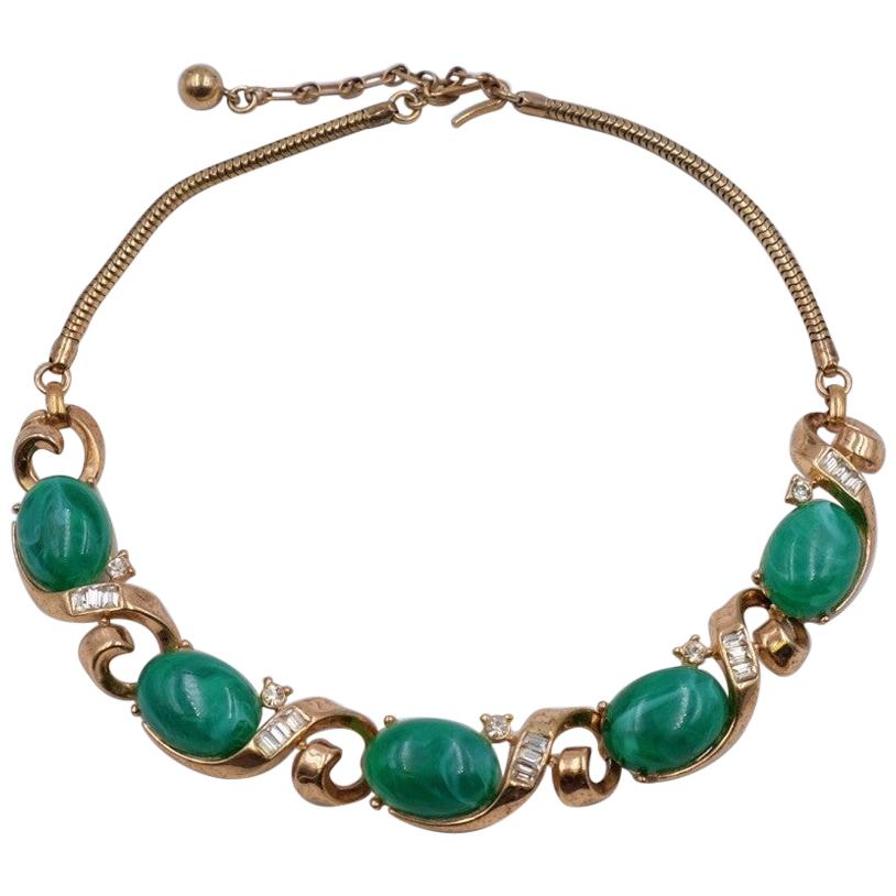 Vintage Trifari Green Necklace With Rhinestones 1950's