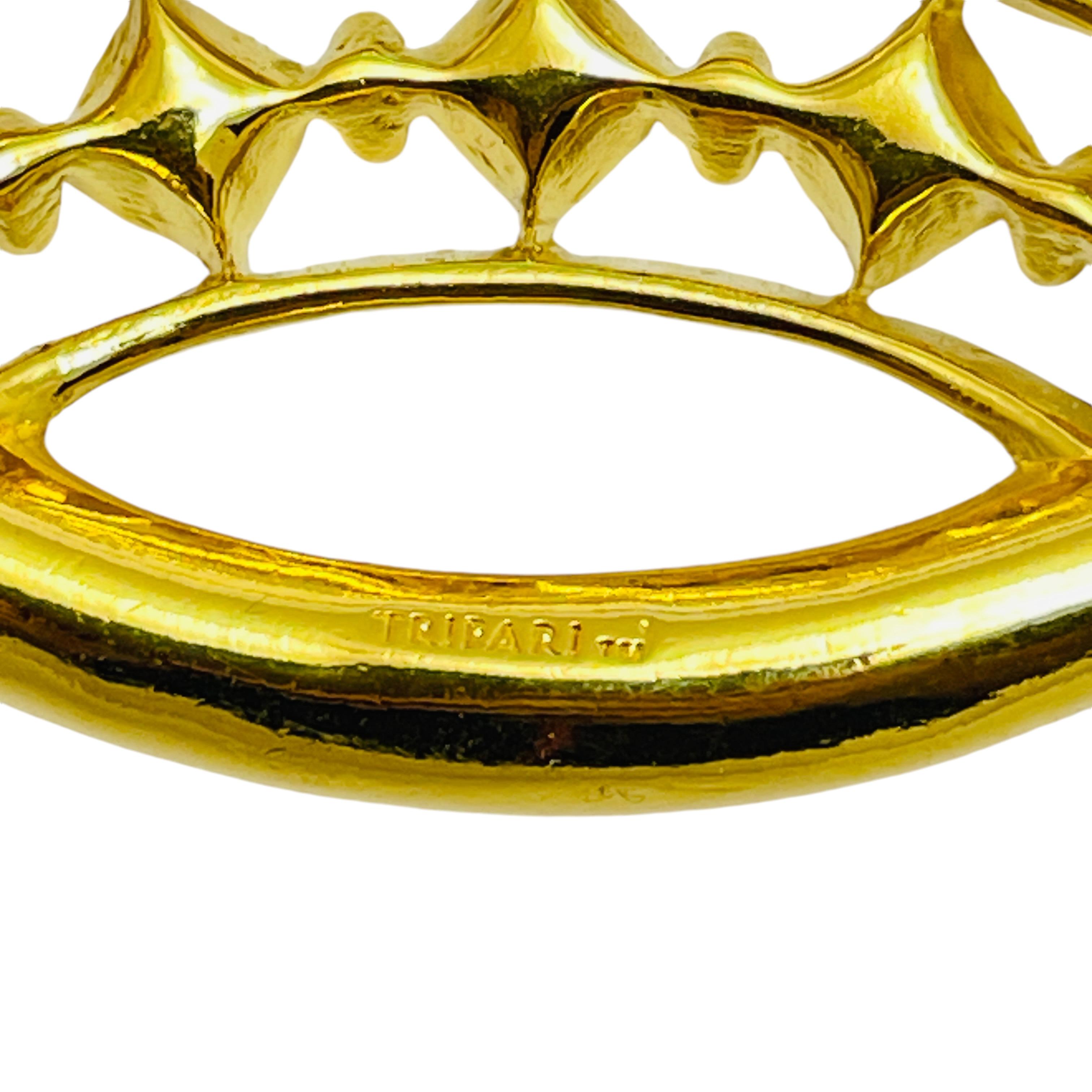 Women's Vintage TRIFARI signed gold tone crown royal jewel rhinestone designer brooch For Sale