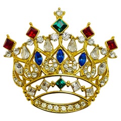 Vintage TRIFARI signed gold tone crown royal jewel rhinestone designer brooch