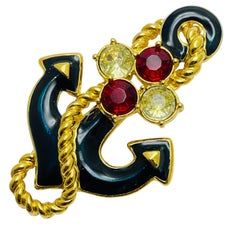 Vintage TRIFARI signed gold tone rhinestone enamel anchor designer brooch