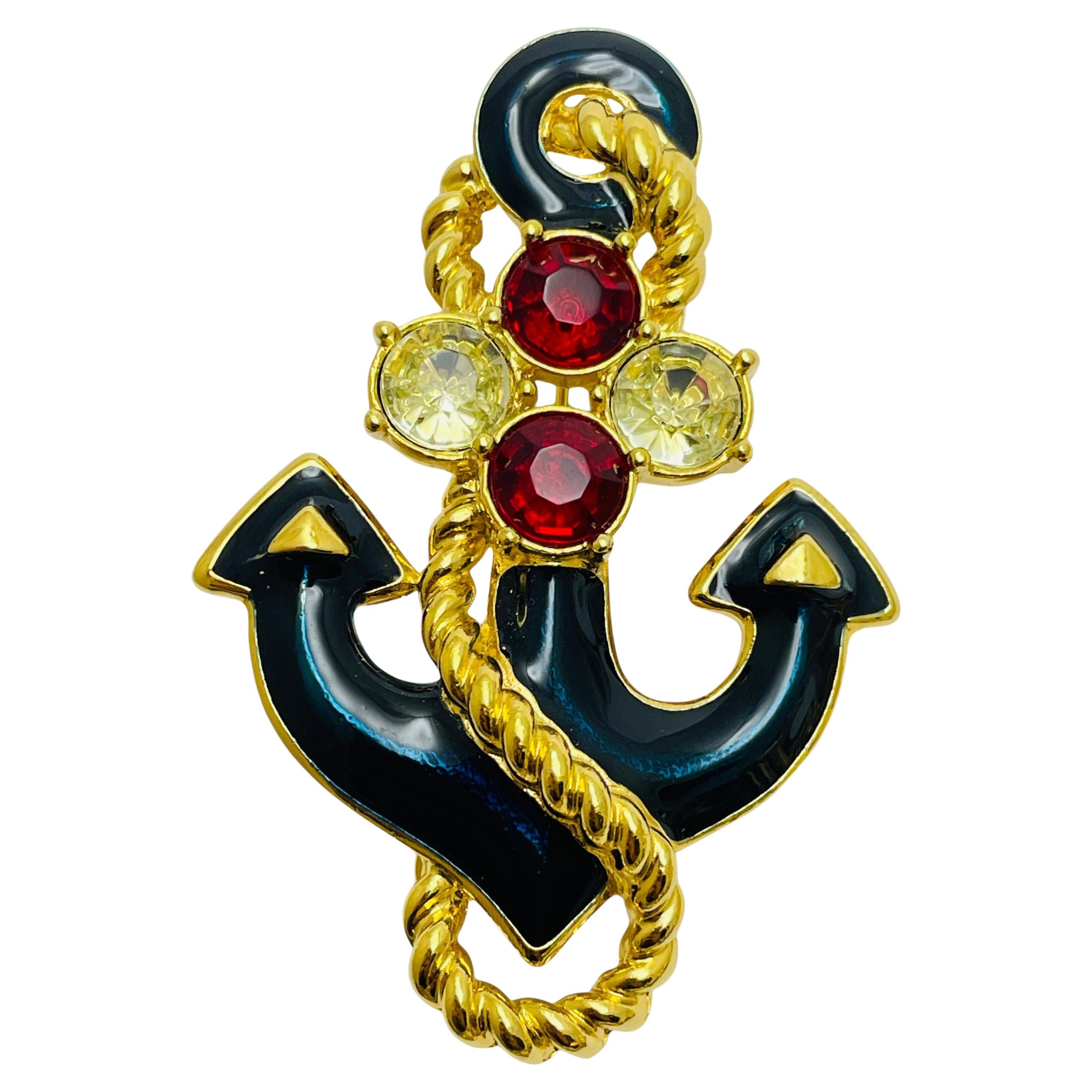 Vintage TRIFARI signed gold tone rhinestone enamel anchor designer brooch
