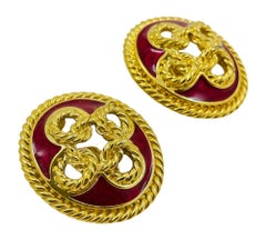 Vintage TRIFARI signed huge gold red enamel designer runway clip on earrings