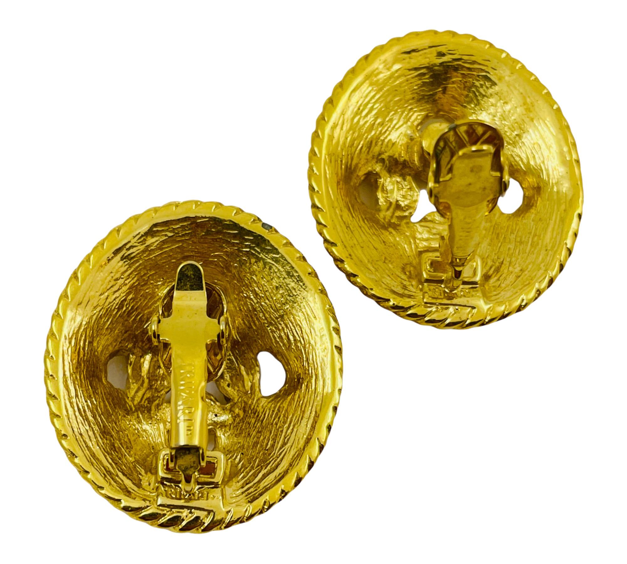 Women's Vintage TRIFARI signed huge gold red enamel designer runway clip on earrings For Sale