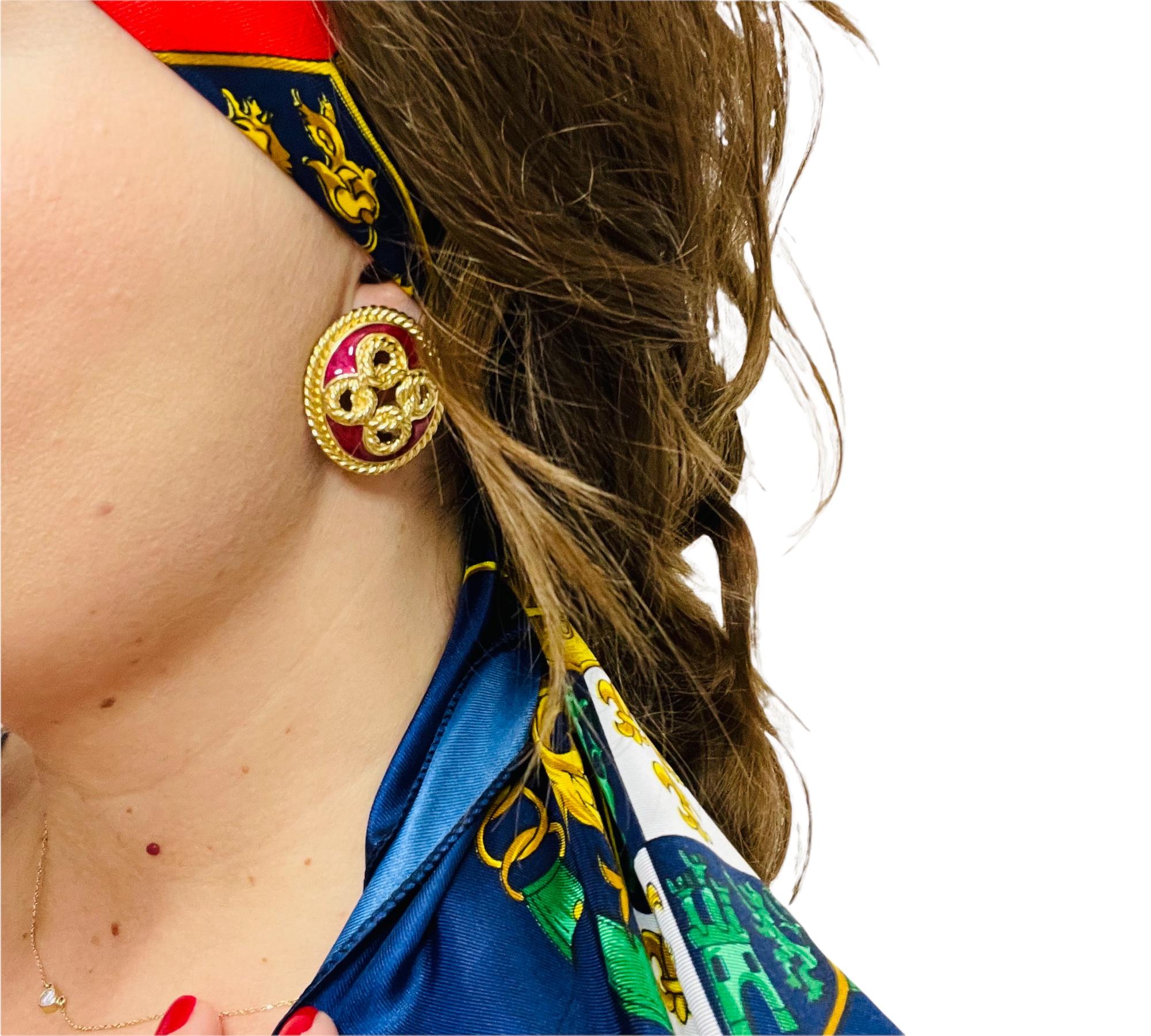 Vintage TRIFARI signed huge gold red enamel designer runway clip on earrings For Sale 2