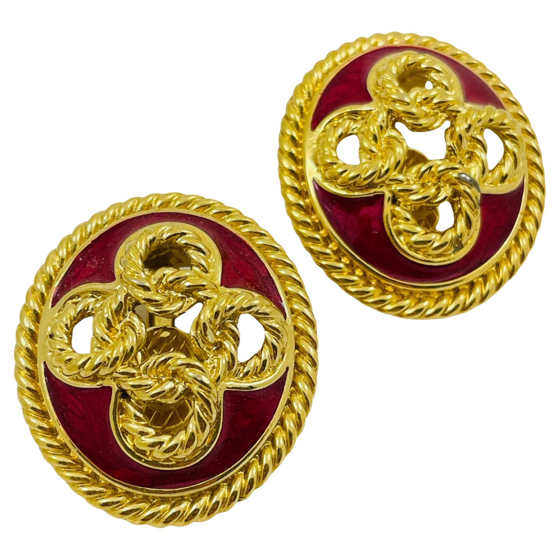 Vintage TRIFARI signed huge gold red enamel designer runway clip on earrings For Sale