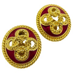 Vintage TRIFARI signed huge gold red enamel designer runway clip on earrings
