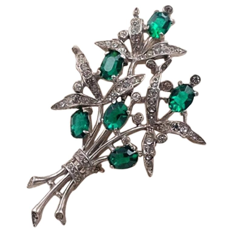 Vintage Trifari Sterling Brooch Faux Emeralds