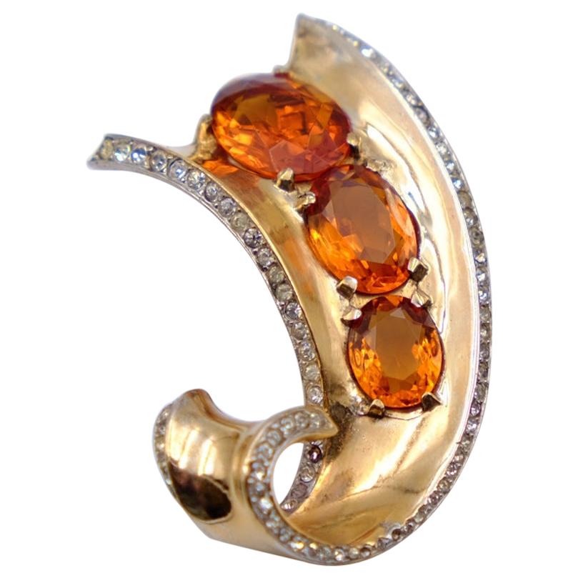 Vintage Trifari Sterling Brooch With Amber Crystals 1940's