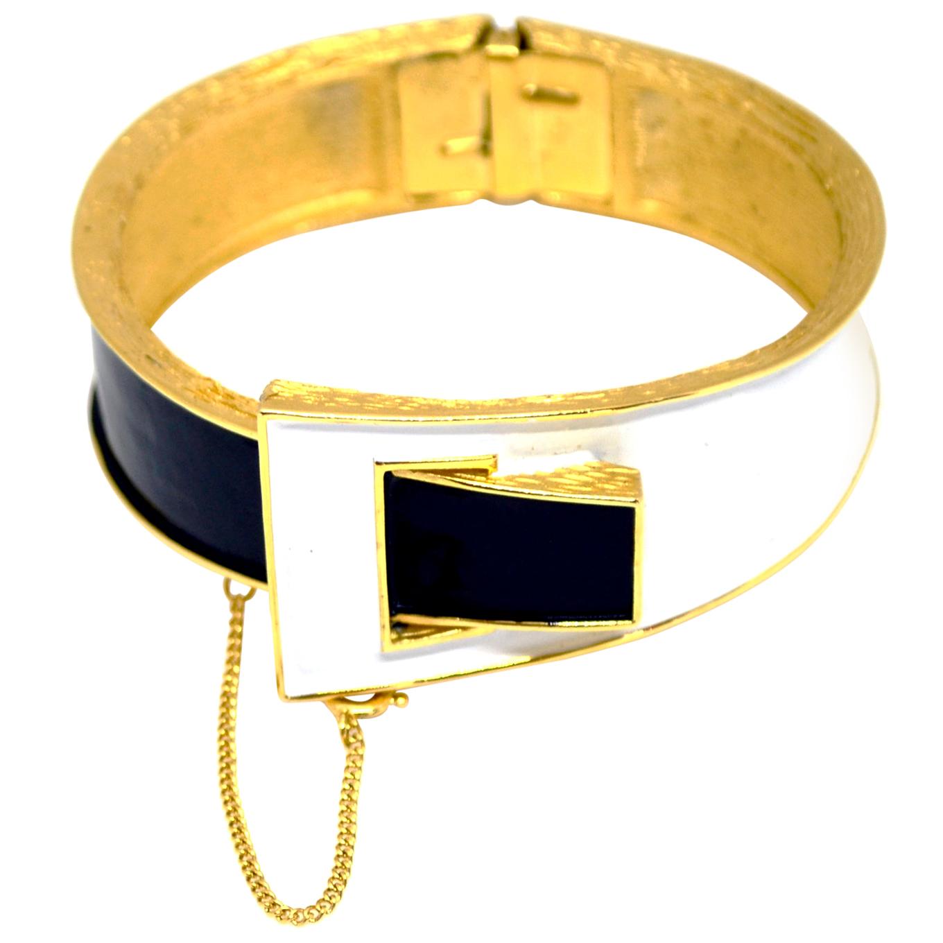 Vintage Trifari White & Black Enamel Gold Tone Hinged Clamper Bracelet