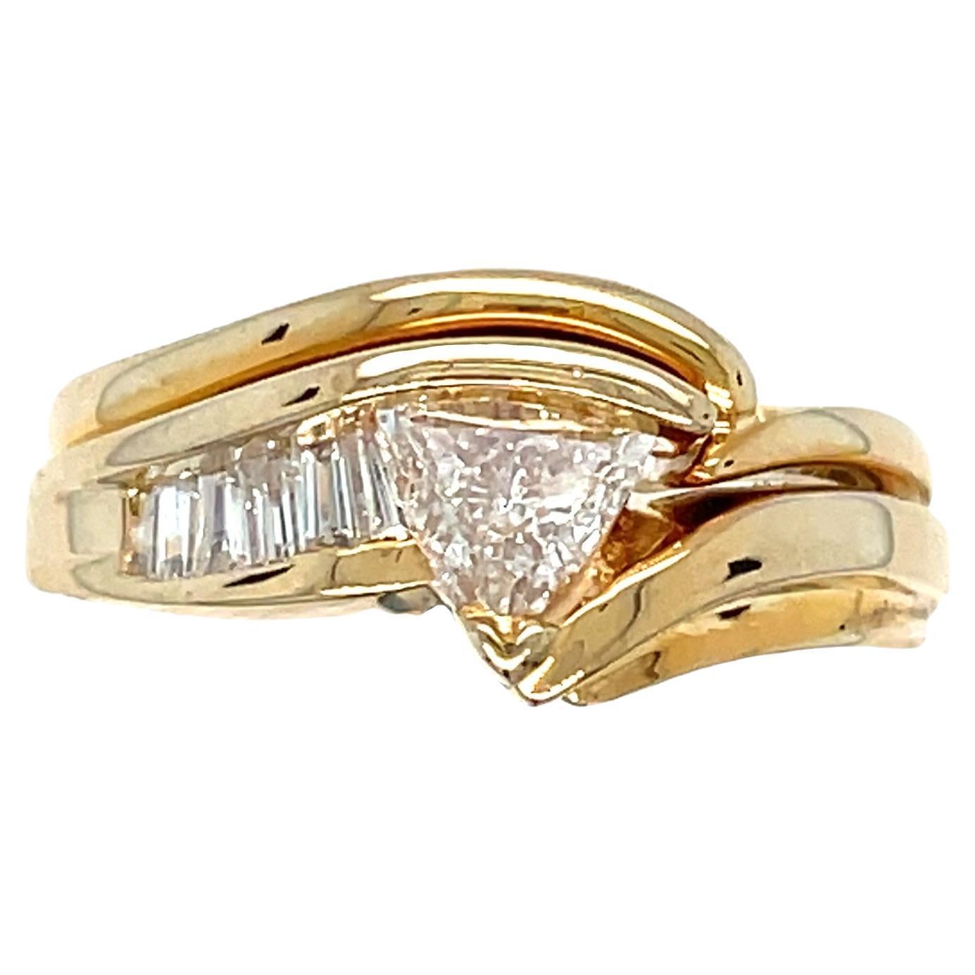 Vintage Trillion & Baguette Diamond Engagement Ring 14 Karat Yellow Gold For Sale