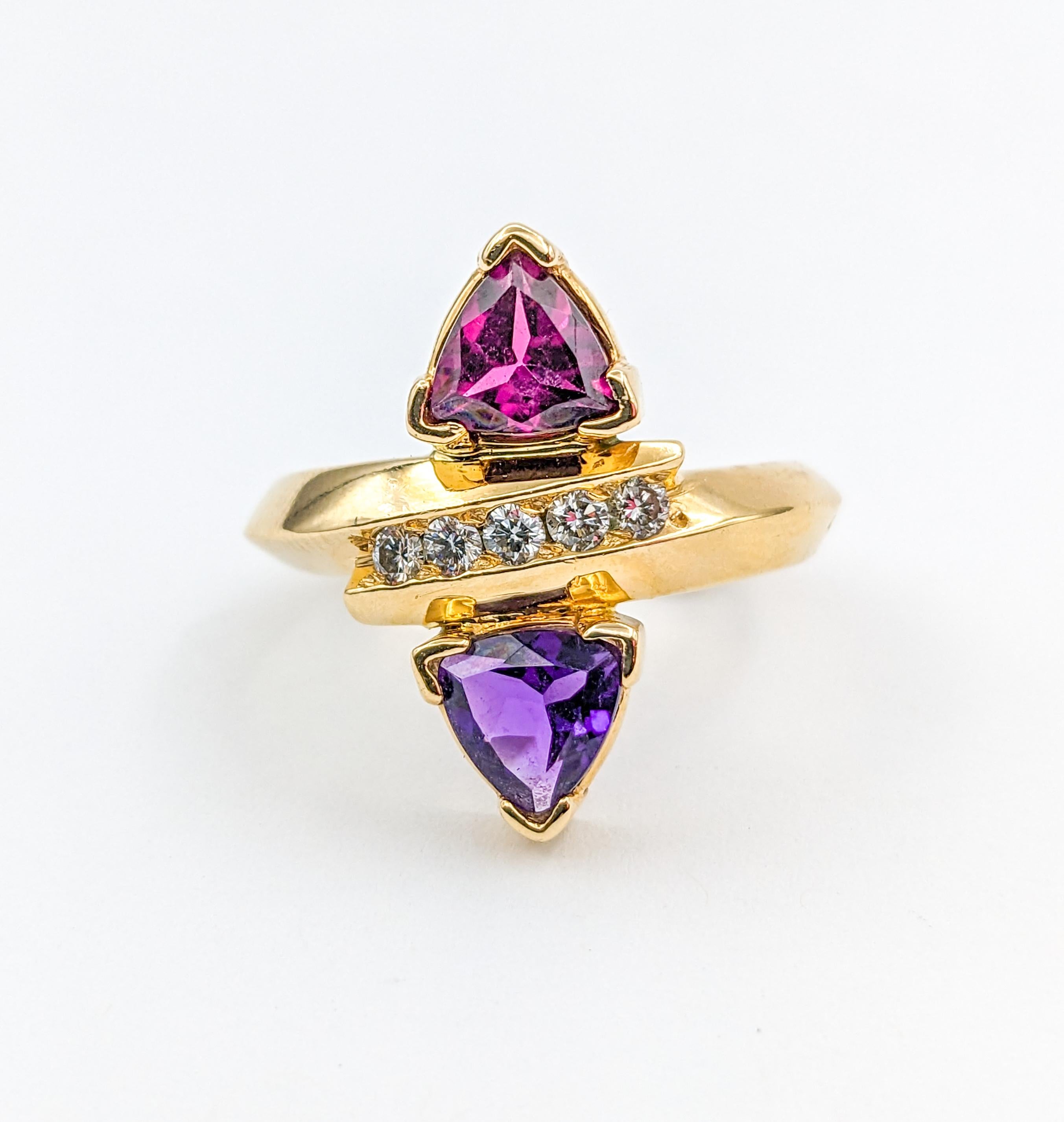 Vintage Trillion Cut Amethyst, Garnet, & Diamond Ring in Gold For Sale 5