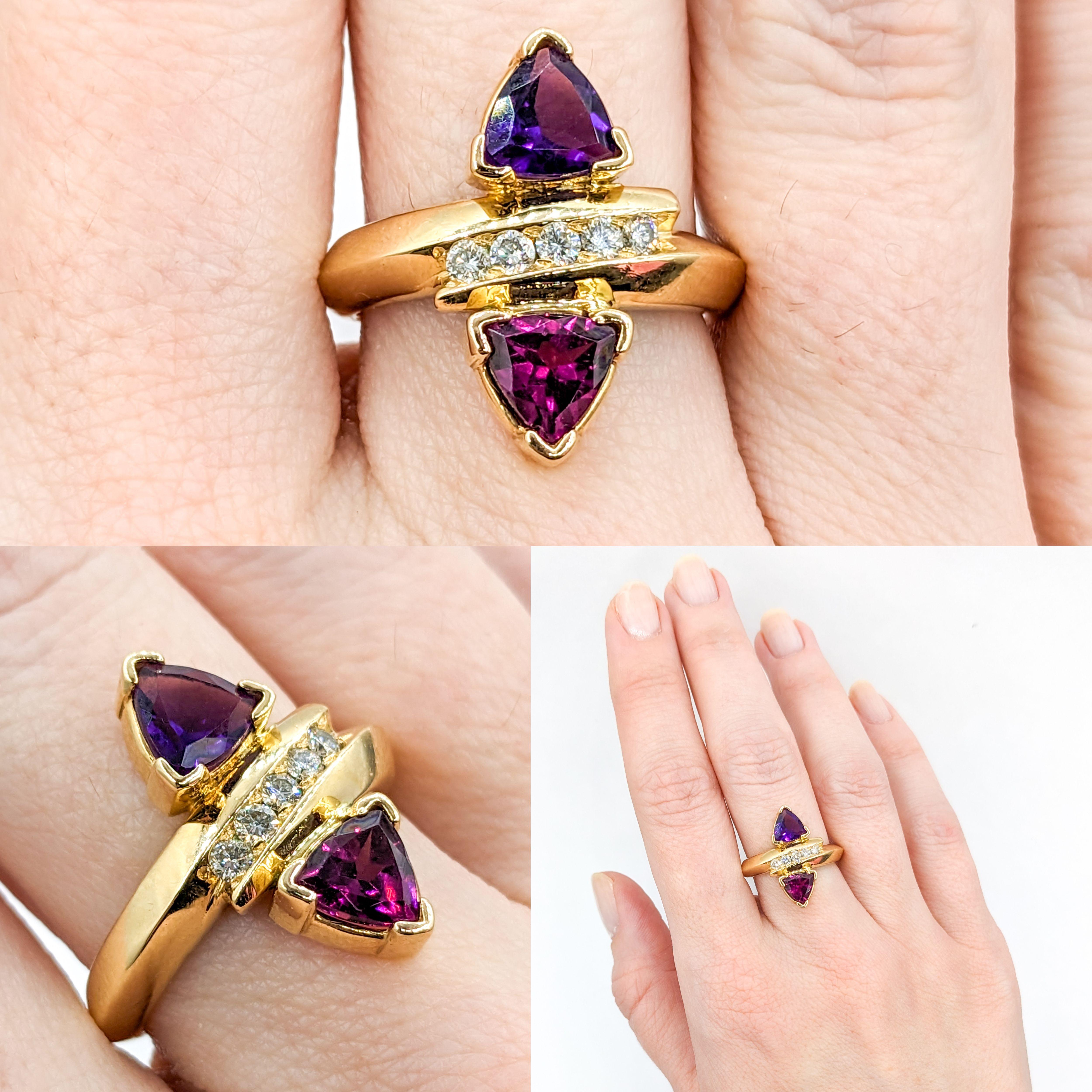 Vintage Trillion Cut Amethyst, Garnet, & Diamond Ring in Gold

This exquisite Amethyst and Garnet ring boasts a stunning pair of 6mm Trillion cut stones. The amethyst is a bright purple and the garnet is pink in color. In addition to the lovely