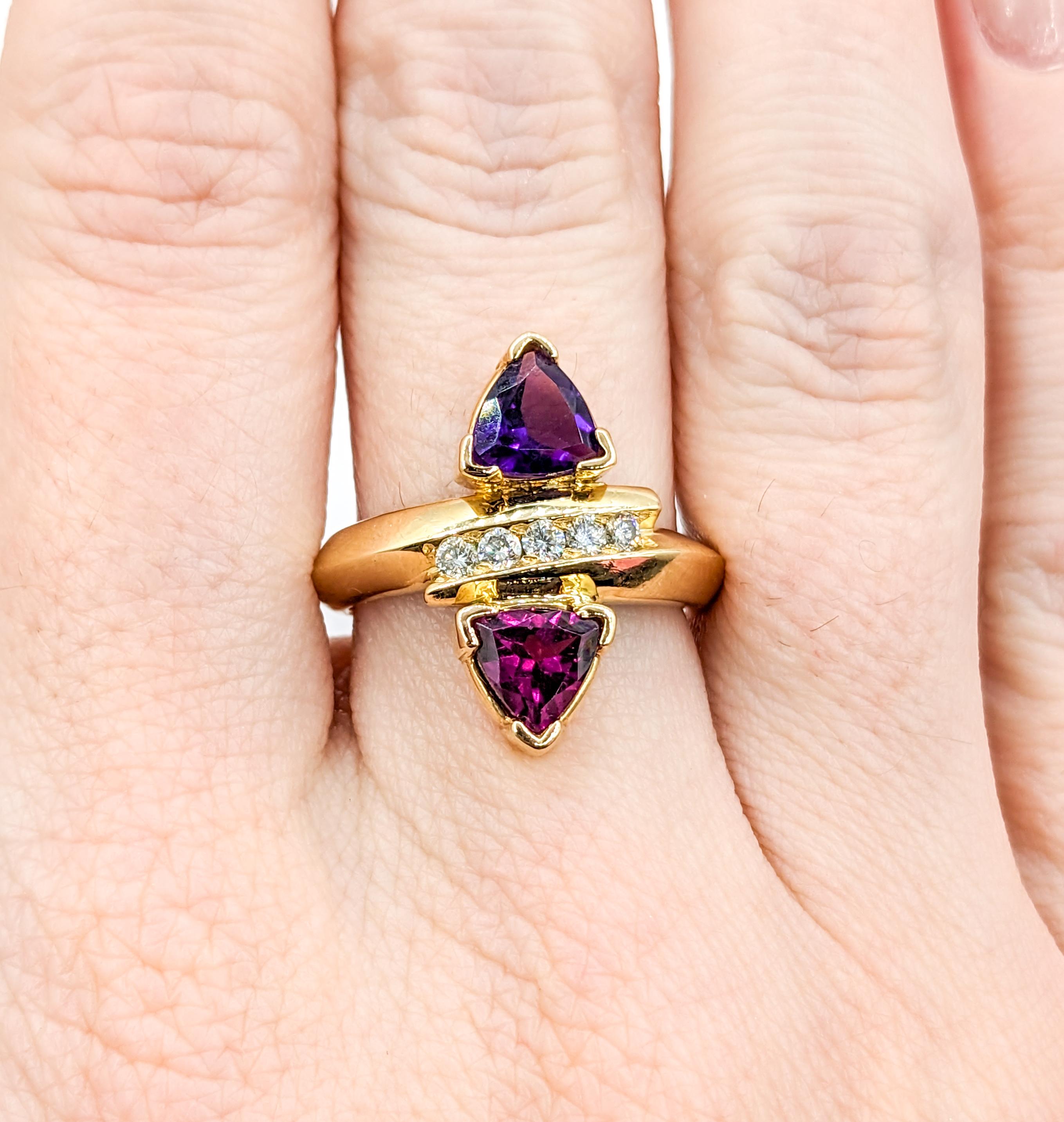Vintage Trillion Cut Amethyst, Garnet, & Diamond Ring in Gold In Excellent Condition For Sale In Bloomington, MN