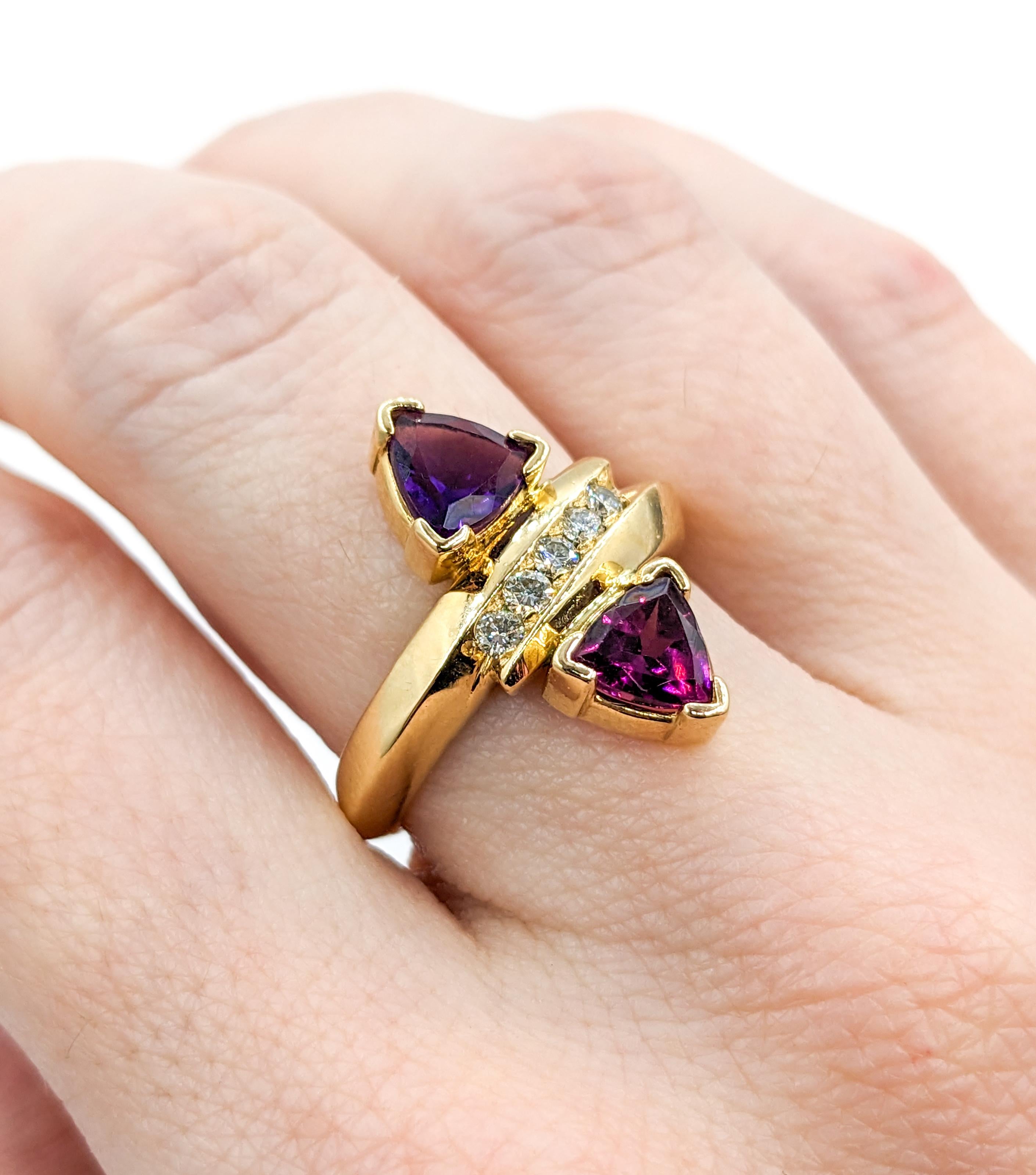 Women's Vintage Trillion Cut Amethyst, Garnet, & Diamond Ring in Gold For Sale
