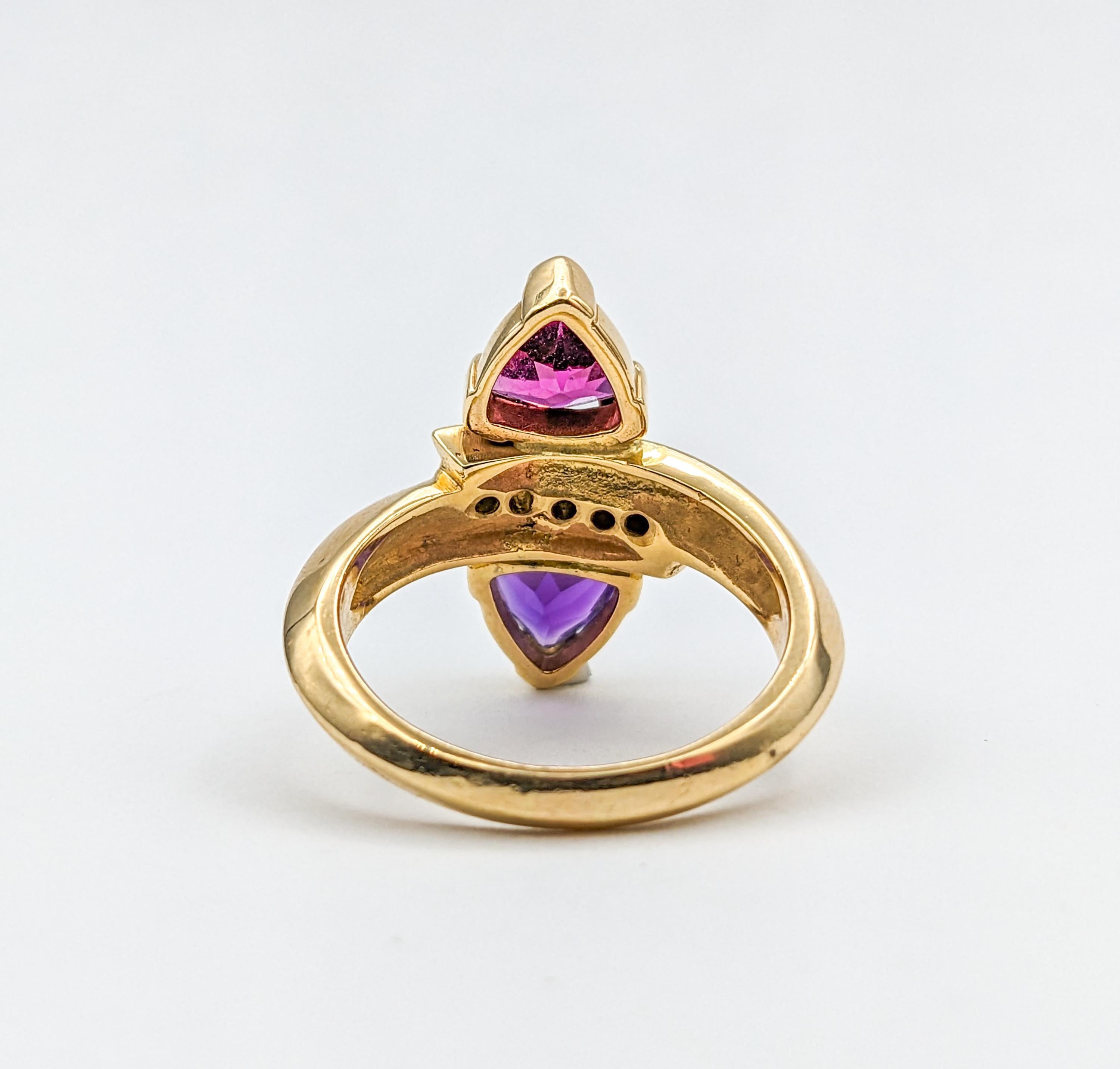 Vintage Trillion Cut Amethyst, Garnet, & Diamond Ring in Gold For Sale 1
