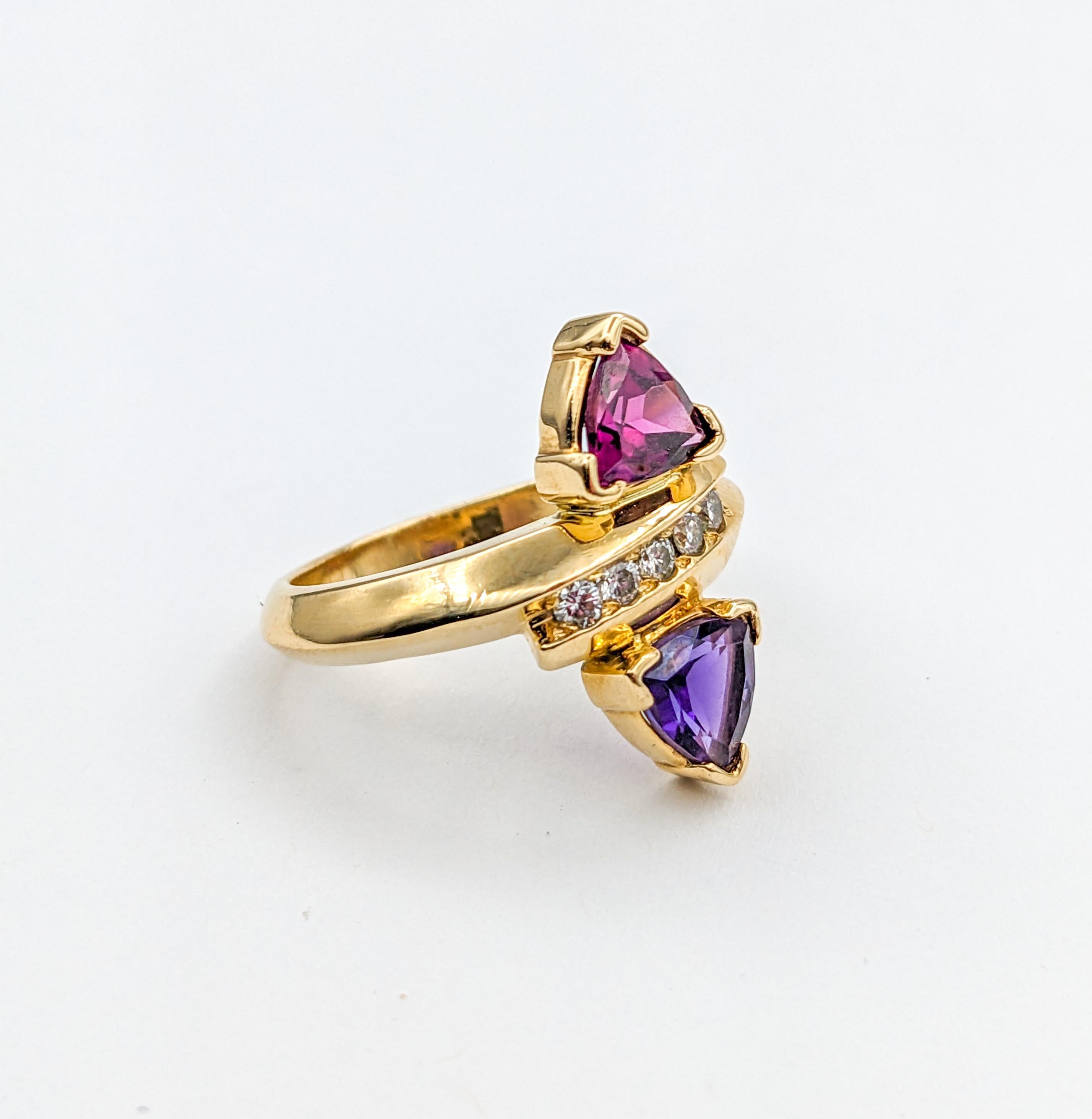 Vintage Trillion Cut Amethyst, Garnet, & Diamond Ring in Gold For Sale 3