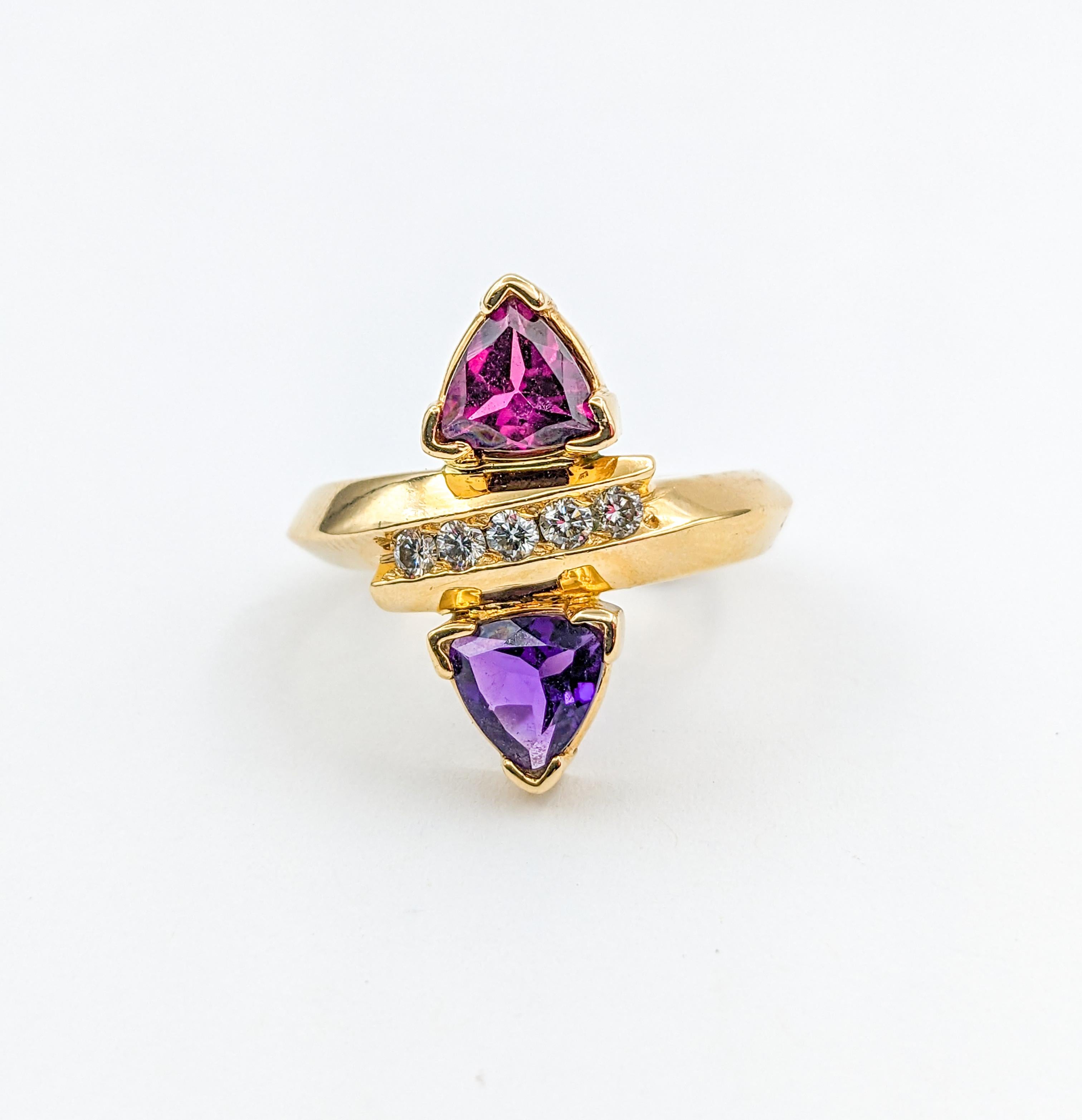 Vintage Trillion Cut Amethyst, Garnet, & Diamond Ring in Gold For Sale 4