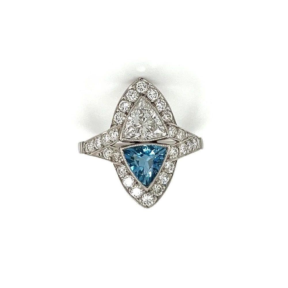 Women's Vintage Trillion Diamond Trillion Aquamarine and RBC Diamond Platinum Ring For Sale