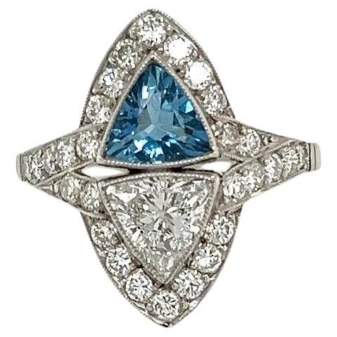 Vintage Trillion Diamond Trillion Aquamarine and RBC Diamond Platinum Ring For Sale