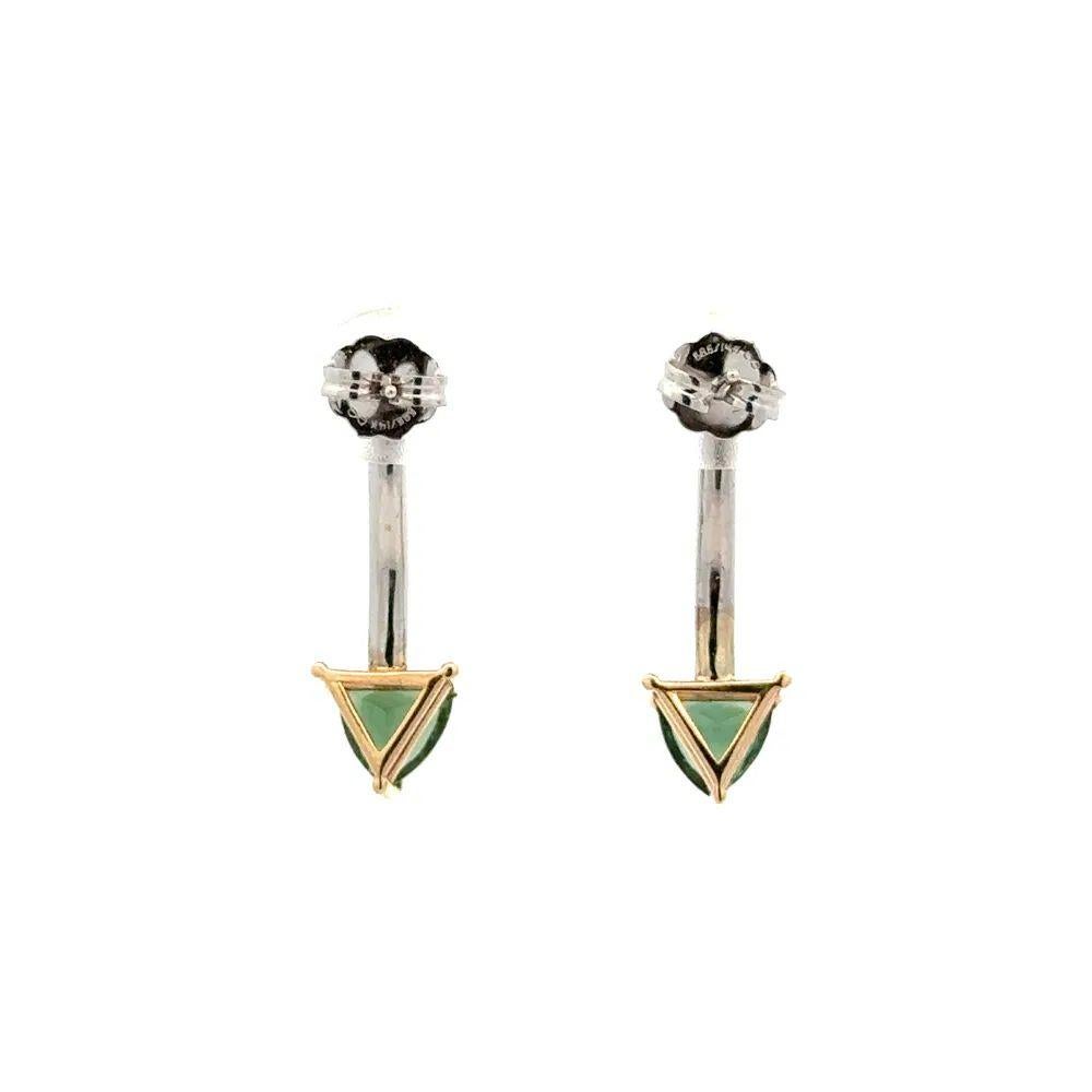 Pendientes de gota de oro de 2 tonos con turmalina verde trillón vintage y diamante RBC Corte trillion en venta