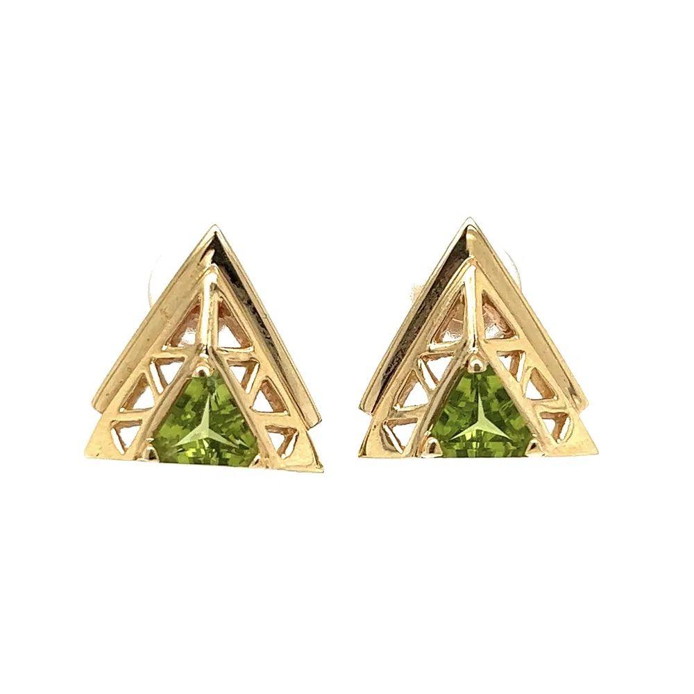 Trillion Cut Vintage Trillion Peridot in Gold Triangle Post Earrings For Sale