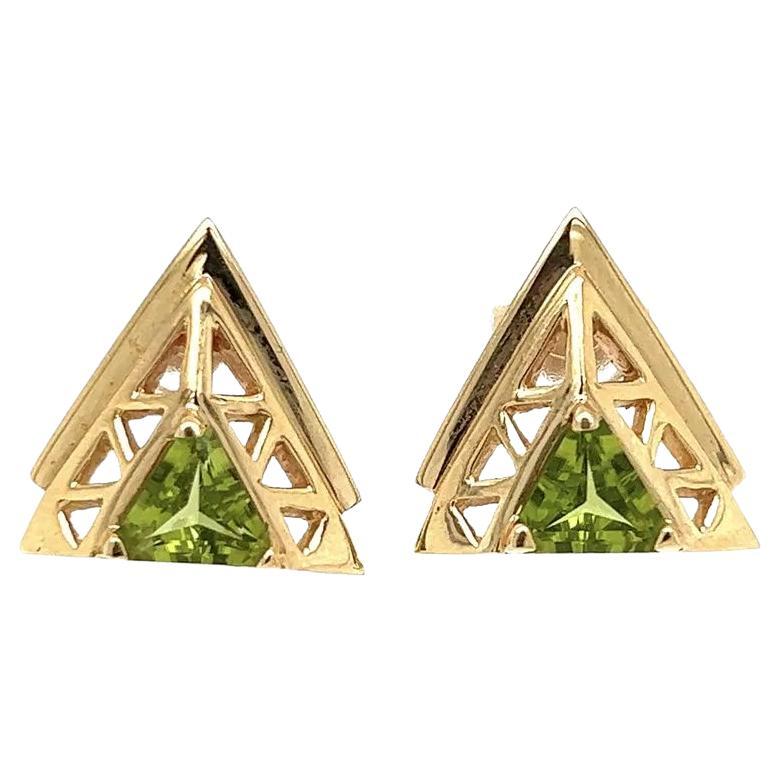 Vintage Trillion Peridot in Gold Triangle Post Earrings For Sale