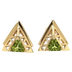 Vintage Trillion Peridot in Gold Triangle Post Earrings