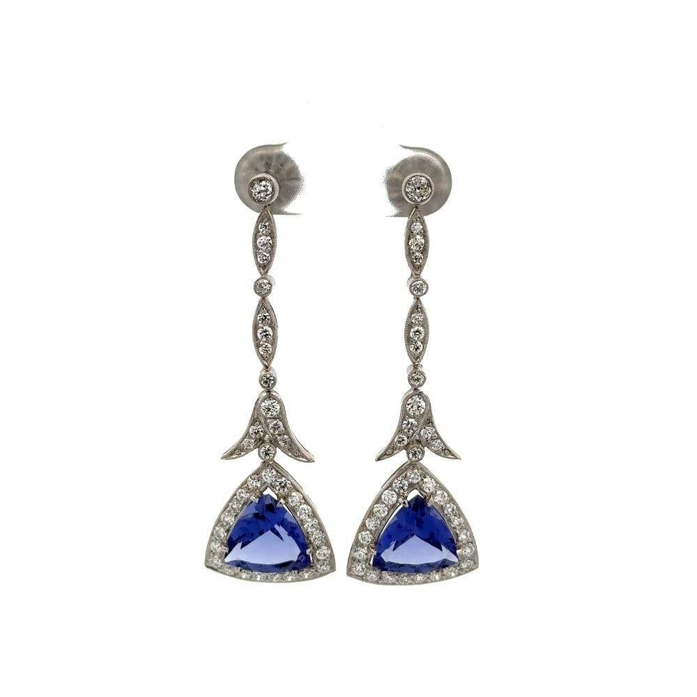 Trillion Cut Vintage Trillion Tanzanite and OEC Diamond Platinum Statement Drop Earrings For Sale