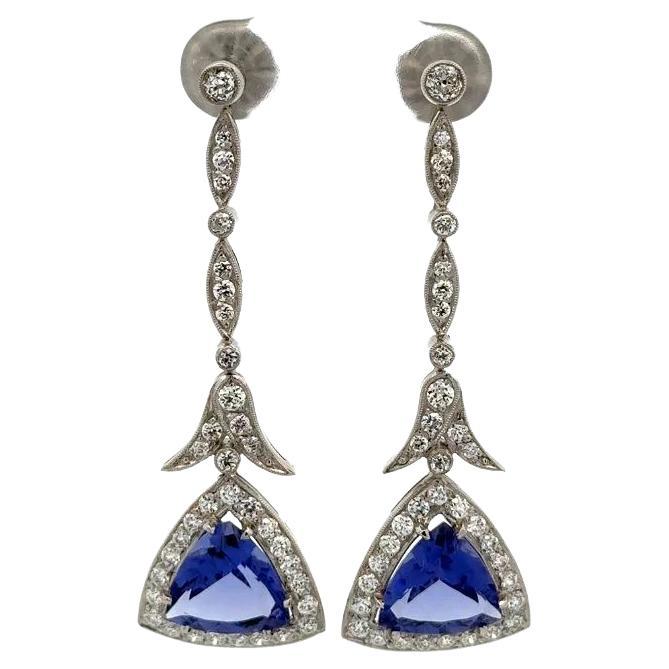 Vintage Trillion Tanzanite and OEC Diamond Platinum Statement Drop Earrings For Sale