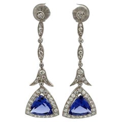 Pendants d'oreilles d'affirmation vintage en platine avec tanzanite trillion et diamants OEC