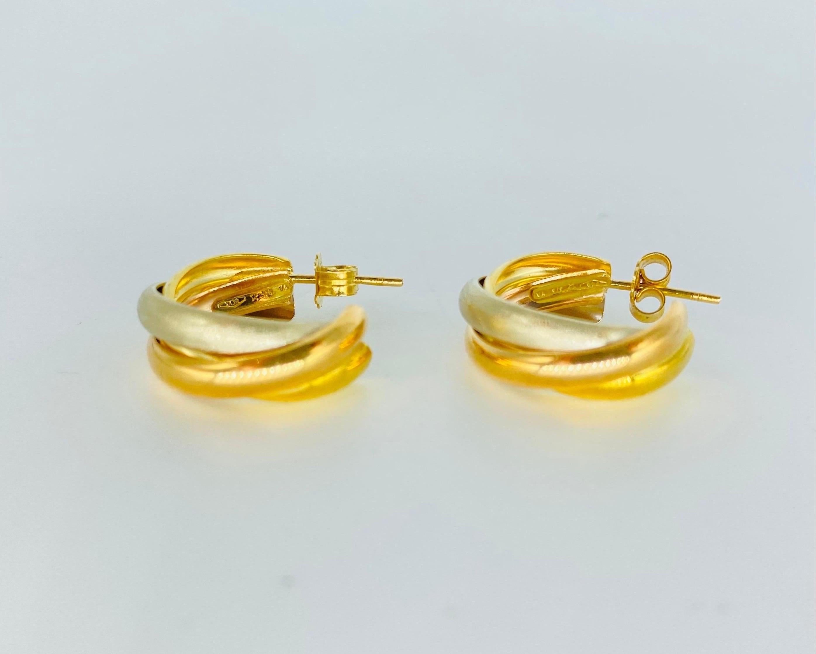 Vintage Trinity Interlaced Rose White Yellow 18k Gold Hoop Earrings For Sale 1