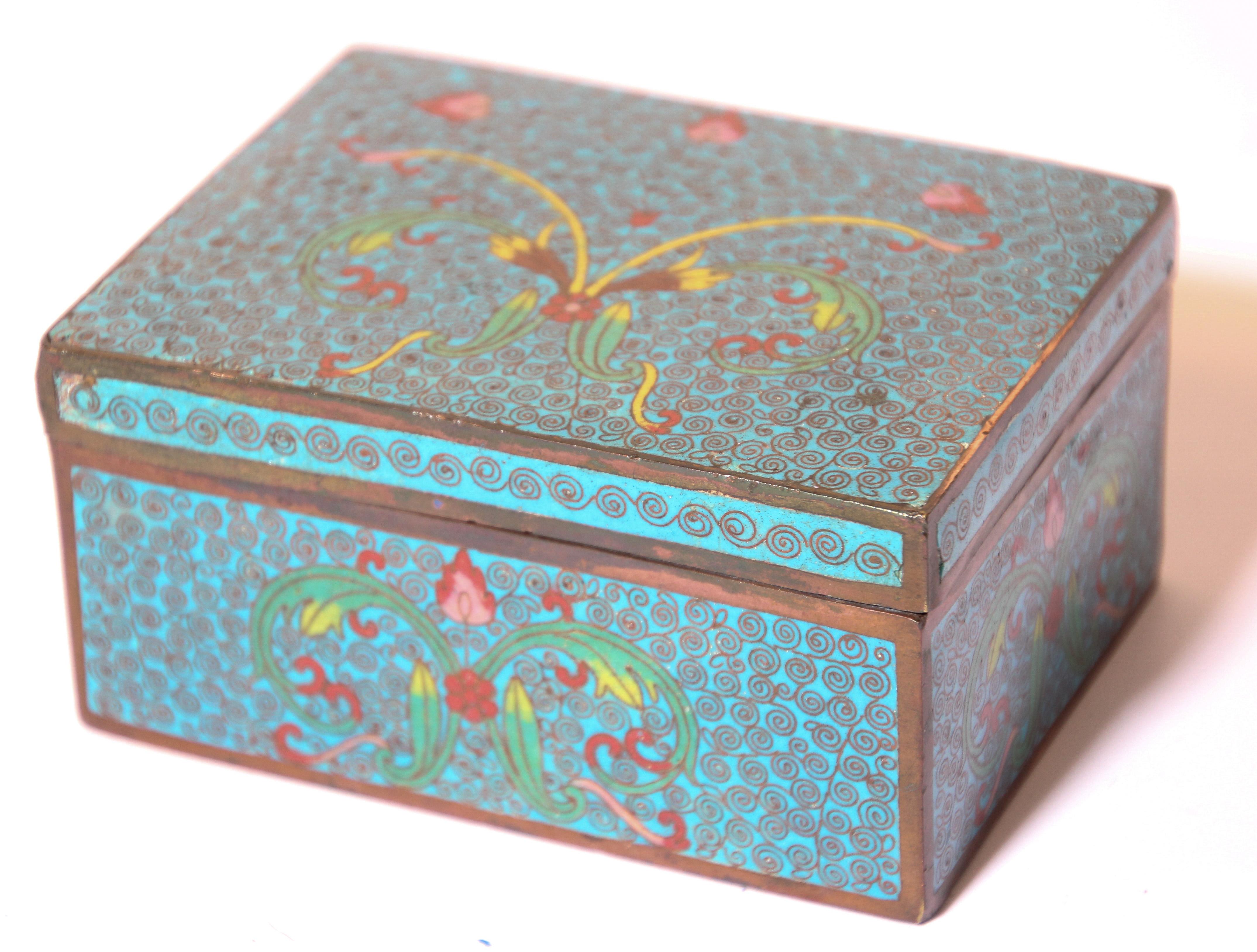 Vintage Trinket Metal Box with Hand Painted Enamel Asian Design 1