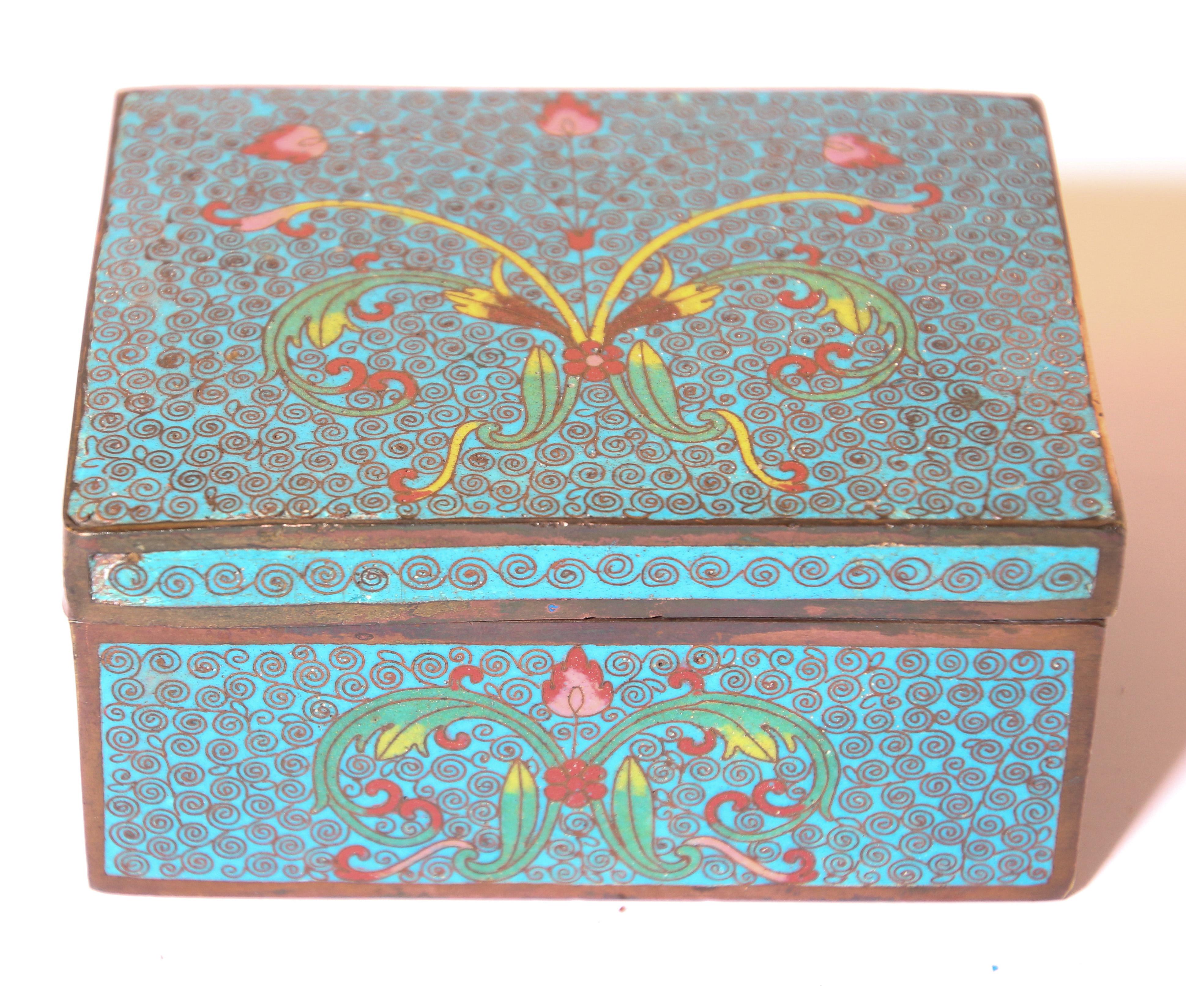 Chinese Vintage Trinket Metal Box with Hand Painted Enamel Asian Design