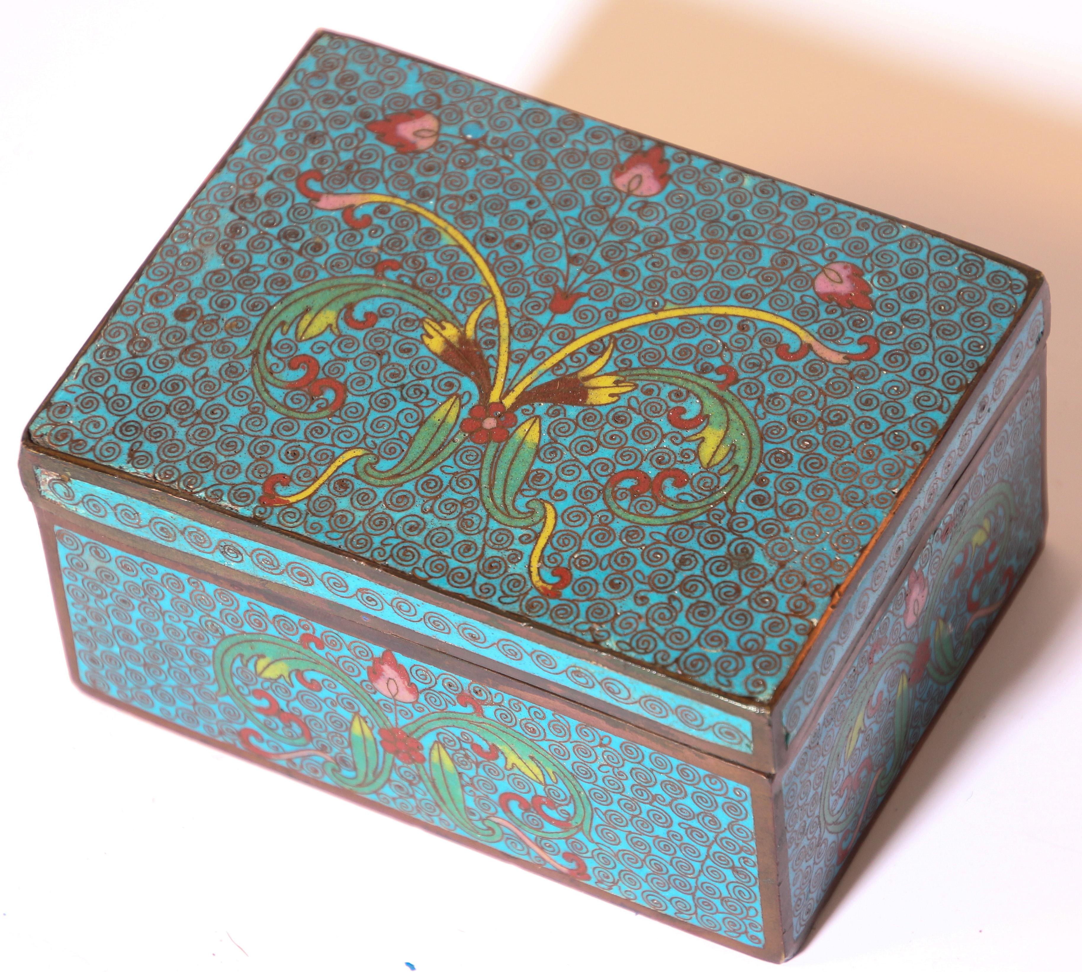 20th Century Vintage Trinket Metal Box with Hand Painted Enamel Asian Design