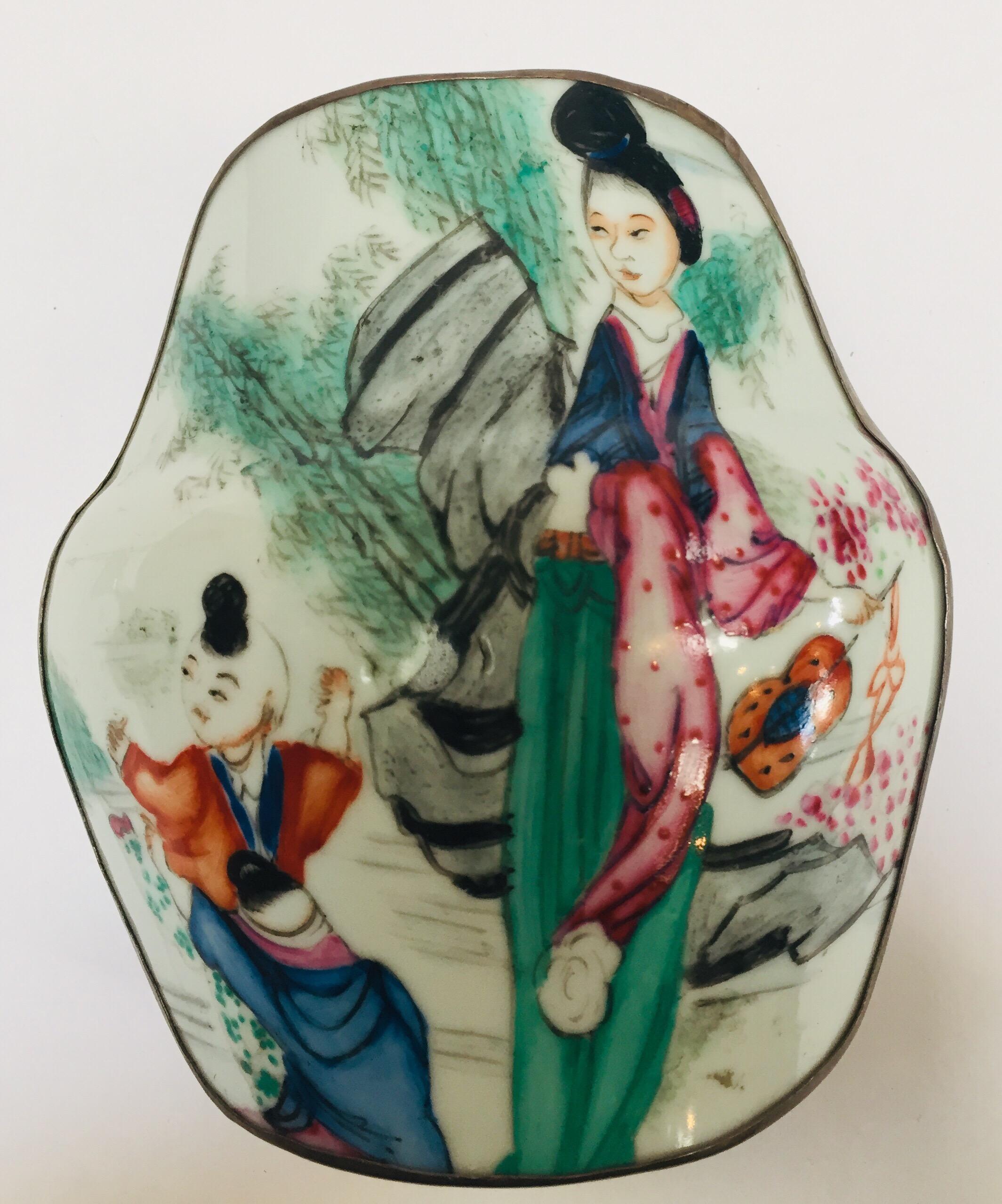 Vintage Trinket Metal Box with Porcelain Top Hand Painted Asian Scene For Sale 6