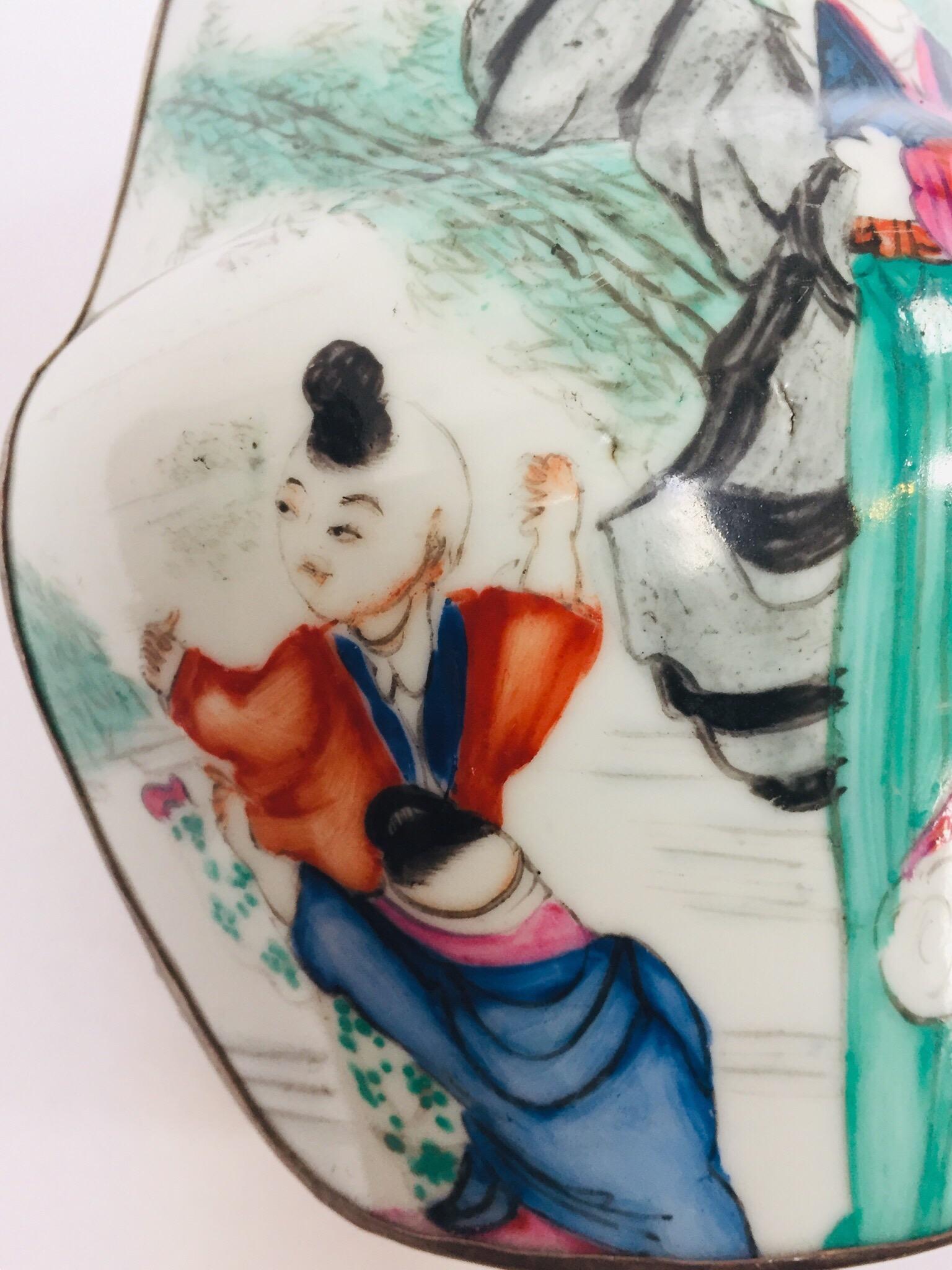 Japanese Vintage Trinket Metal Box with Porcelain Top Hand Painted Asian Scene For Sale