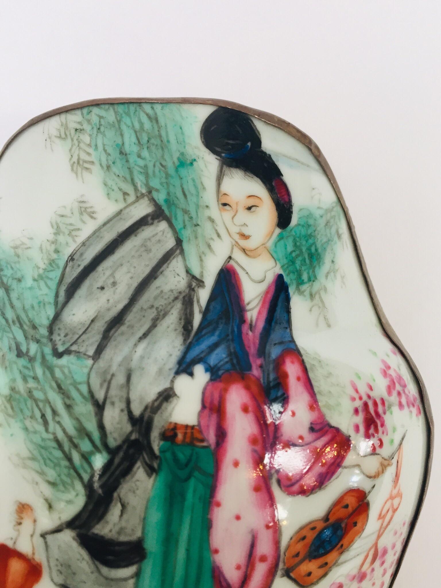 Hand-Crafted Vintage Trinket Metal Box with Porcelain Top Hand Painted Asian Scene For Sale