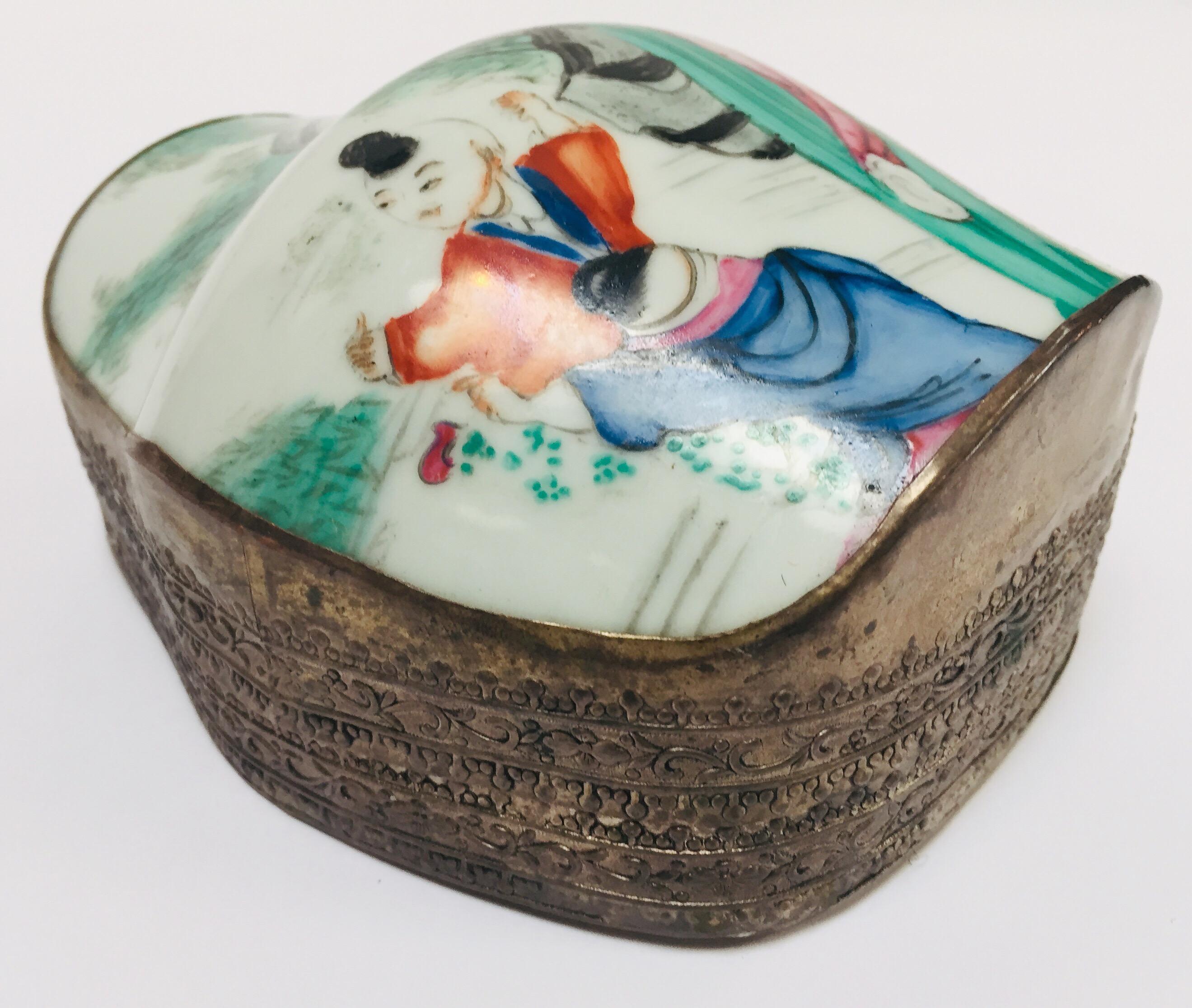 Vintage Trinket Metal Box with Porcelain Top Hand Painted Asian Scene For Sale 1